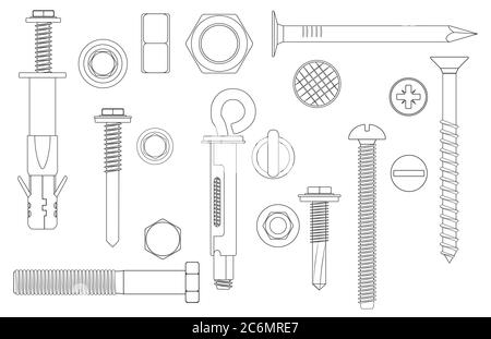 Bau Hardware Set Schrauben, Schrauben, Muttern und Nieten. vektor-Illustration der Umrisslinie Metall fix Zahnradelemente Stock Vektor