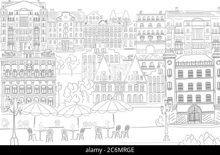 Historische alte Gebäude im Linienstil. Skizzieren Sie das Gebäude des alten Stadtlebens. Architektonische Handzeichnung Skizze Stock Vektor