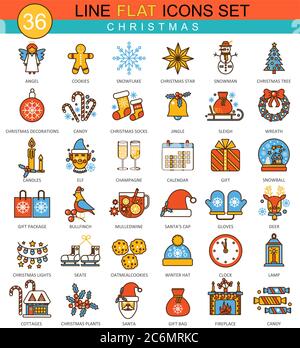 Vektor Weihnachten und glückliches neues Jahr flache Linie Icon-Set. Modernes elegantes Design für Web Stock Vektor