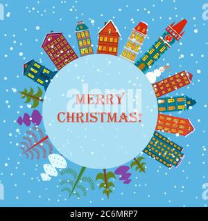 Weihnachten Erde Urlaub Hintergrund. Rundes Banner mit Bäumen, Cartoon-Häusern und Schneemann. Weihnachtsplanet Stadtkarte. Frohe Weihnachten und ein glückliches neues Jahr Stock Vektor
