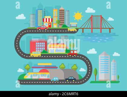 Vector Urban Moderne Stadtlandschaft auf der s Straße Stil Konzept. Flache Abbildung. Intelligente Stadtbrücke, Autos, Gebäude und Wolkenkratzer. Stadtlandschaft Stock Vektor