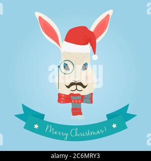 Weihnachten niedlichen Wald Hase Hase Kaninchen Kopf Logo. Vektor moderne modische Hipster Hase Kaninchen Tier in Kleidung Stock Vektor