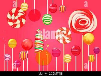 Rot rosa Zucker Hintergrund mit hellen bunten Lutscher Süßigkeiten. Süßigkeitengeschäft. Süßer Lollipop Stock Vektor