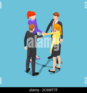Flache 3d-isometrische Geschäftsleute, die ihre Hände zusammenlegen. Einheit und Teamwork Konzept. Stock Vektor