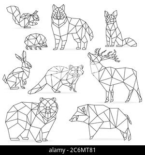 Low-Poly-Line-Tiere-Set. Origami poligonale Linie Tiere. Wolf Bär Hirsch Wildschwein Fuchs Waschbär Kaninchen Igel Stock Vektor