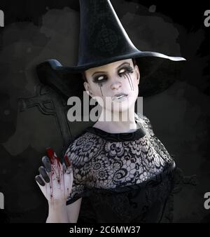 Gothic Mädchen trägt eine Hexe schwarzen Hut in einem schwarzen Kreuze Hintergrund Stockfoto