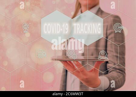 Handschrift Text Covid 19 Tracking. Konzeptionelle Foto-Unterscheidungsverfahren der möglichen infizierten Personen Grids und verschiedene Einrichtung des ico Stockfoto