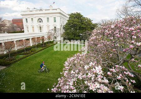 Präsident George W. Bush fährt mit dem Fahrrad durch den Rosengarten, 26. März 2008. Foto von Eric Draper, mit freundlicher Genehmigung des George W. Bush Presidential Library und Museum Stockfoto