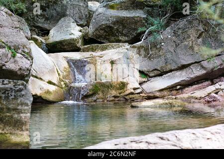 Kleiner Wasserfall mitten im Wald. Stockfoto