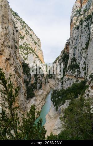 Beeindruckende Aussicht auf eine Schlucht mit einem Fluss im Inneren. Stockfoto