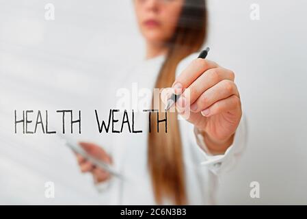 Wort schreiben Text Gesundheit Reichtum. Business Foto präsentiert gesunden Körper und Geist kann Ihnen Reichtum und Glück Modell zeigt verschiedene Aufnahmen o Stockfoto