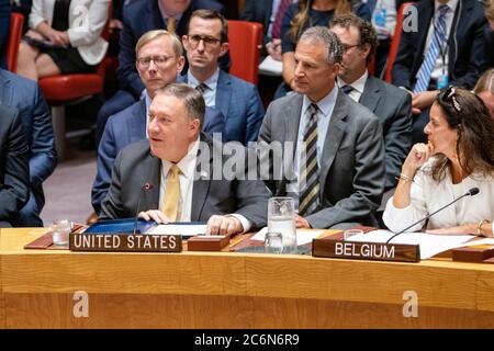 US-Außenminister Mike Pompeo nimmt an einer Sitzung des UN-Sicherheitsrates über Frieden und Sicherheit im Nahen Osten in New York City am 20. August 2019 Teil Stockfoto