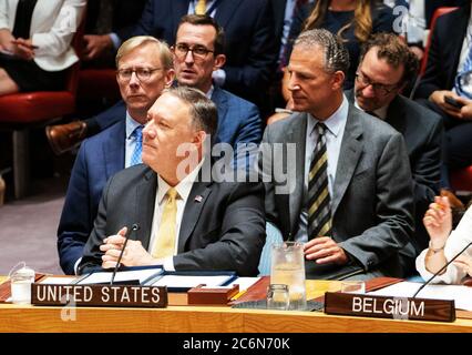 US-Außenminister Mike Pompeo nimmt an einer Sitzung des UN-Sicherheitsrates über Frieden und Sicherheit im Nahen Osten in New York City am 20. August 2019 Teil Stockfoto