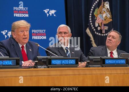 US-Präsident Donald Trump hält am 23. September 2019 bei der Veranstaltung der Vereinten Nationen über Religionsfreiheit in New York, New York, Rede Stockfoto