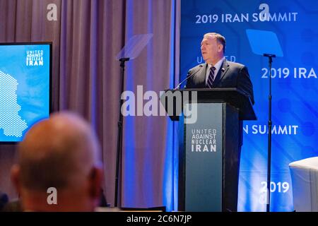 US-Außenminister Mike Pompeo hält am 25. September 2019 auf dem Iran-Gipfel von United Against Nuclear Iran 2019 in New York City eine Grundsatzrede Stockfoto