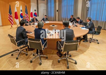 US-Außenminister Pompeo trifft am 15. Februar 2020 in München den japanischen Außenminister Toshimitsu Motegi und den Außenminister der Republik Korea Kyung-wha Kang Stockfoto