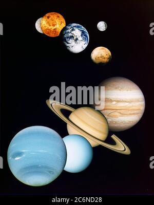 Dies ist eine Montage von Planetenbildern, die von Raumfahrzeugen aufgenommen wurden, die vom Jet Propulsion Laboratory der NASA in Pasadena, CA, verwaltet werden. Enthalten sind (von oben nach unten) Bilder von Merkur, Venus, Erde (und Mond), Mars, Jupiter, Saturn, Uranus und Neptun ca. 1997 Stockfoto