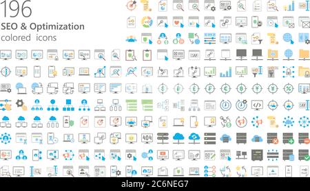 196 seo farbige Symbole für Web, mobile App, Präsentationen und andere Stock Vektor