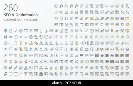 260 seo farbige Umrisssymbole für Web, mobile App, Präsentationen und andere Stock Vektor