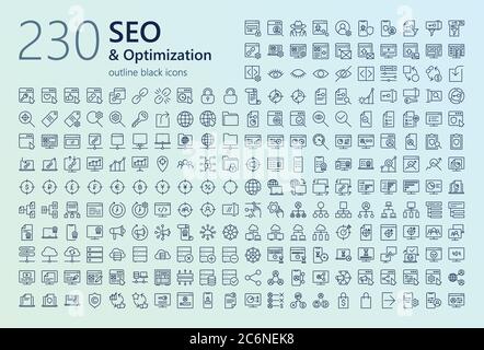 230 seo Umriss Symbole für Web, mobile App, Präsentationen und andere Stock Vektor