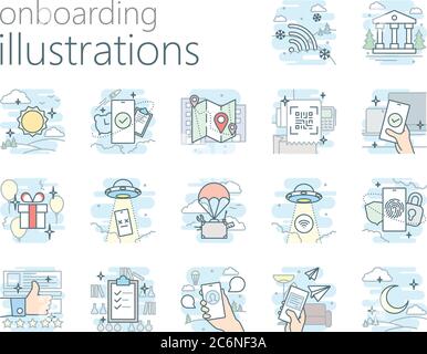 17 Onboarding-Illustrationen für mobile und Web-App und andere Stock Vektor