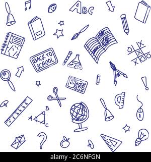 Zurück zur Schule Doodle. Blaue Kugelschreiber Vektor Zeichnungen. Schulmaterial Stock Vektor