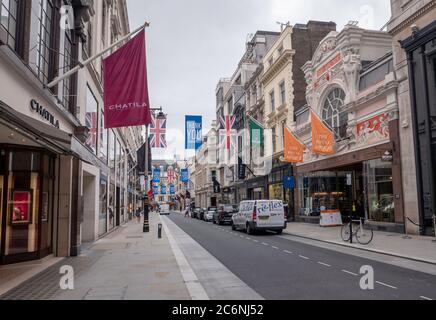 Ruhige New Bond Street, Mayfair, London während der Pandemie Covid-19. Stockfoto