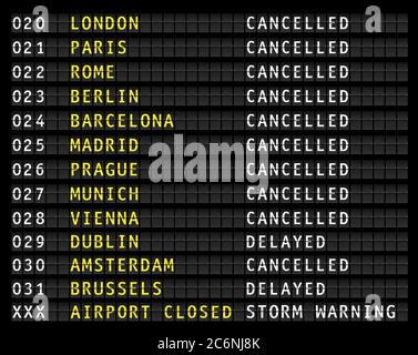 Fluginformationen auf einem Flughafen, die stornierte Flüge wegen Sturmwarnung, Vektor anzeigen Stock Vektor