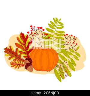 Gruß Herbst Bouquet mit bunten Eichenblatt, Eberesche Beeren, Eicheln, Kürbis. Happy Thanksgiving Blumenpostkarte Design. Vektorgrafik für Aktien Stock Vektor