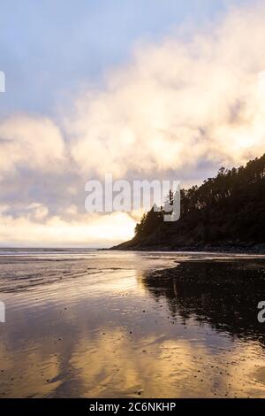 Bunte Wolken spiegeln sich bei Ebbe auf dem Wasser, von Hunters Cove aus gesehen, an der südlichen Küste von Oregon Stockfoto