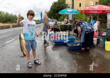 Kleiner Junge hält einen Fisch in der Hand auf dem Fischmarkt am Ufer des Skadar-Sees, Virpazar, Montenegro Stockfoto