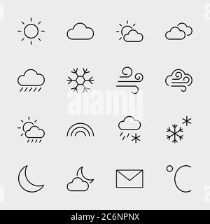 Symbole Der Wetterlinie. Sonne, Wolken, Schneeflocken, Wind, Regenbogen, Mond Bearbeitbare Kontur Stock Vektor