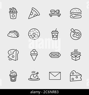 Lebensmittel, Getränke Line Icons. Pizza, Ei, Fleisch, Sushi, Huhn, Hamburger. Schlaganfall Stock Vektor