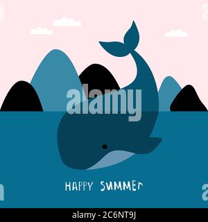 Happy Summer handgezeichneter kreativer Druck mit Wal. Kinderdruck für Kinderzimmer, Kinderkleidung, Poster, Postkarte. Vektorgrafik Stock Vektor