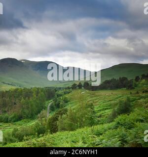 Panorama von üppiger grüner Landschaft in Glen Lyon, schottische Highlands mit Bergen, kurvenreiche Straße und Bäumen. Von einem hohen Aussichtspunkt aus gesehen. Stockfoto