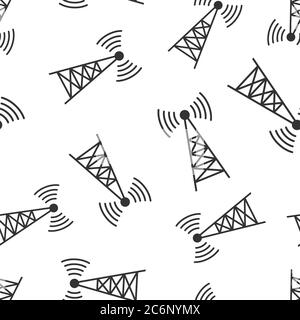 Antennenkürme in flacher Ausführung. Vektordarstellung auf weißem, isoliertem Hintergrund. WiFi nahtlose Muster Business-Konzept. Stock Vektor