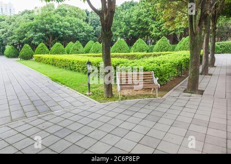 Blick auf grünen Garten mit einem kleinen Platz und Holzbank für Resing in der Ecke des Stadtparks, Fuzhou, Fujian, China Stockfoto