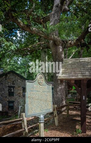 Blood Mountain historische Markierung entlang des Appalachian Trail bei der Mountain Crossings Herberge und Ausstatter-Shop in der Nähe von Blairsville, Georgia. (USA) Stockfoto