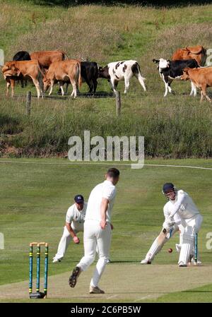 Newtown Linford, Leicestershire, Großbritannien. Juli 2020. Newtown Linford Cricket Club spielen Oakham, nachdem die britische Regierung die Einschränkungen für die Sperrung mehrerer Outdoor-Aktivitäten durch Coronavirus-Pandemieviren gelockert hat. Credit Darren Staples/Alamy Live News. Stockfoto