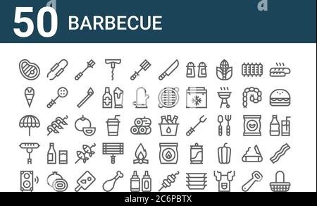 Set von 50 Grill-Icons. Skizzieren dünne Linie Symbole wie Korb, Lautsprecher, Wurst, Sonnenschirm, Eis, Klemme, Eimer, Messer, Tomaten, Kohle Stock Vektor