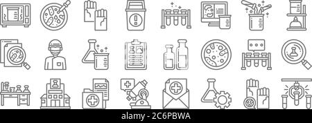 Labor und Wissenschaft Linie Symbole. Lineare Set. Qualität Vektor Linie Set wie , Bioengineering, Mikroskop, Schreibtisch, Reagenzglas, Reagenzglas, Brennen, Test Stock Vektor