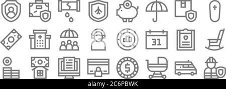 Versicherung Linie Symbole. Lineare Satz. Qualität Vektor-Linie Satz wie Arbeiter, Baby Kinderwagen, Cit-Karte, Geld, Versicherung, Familienversicherung, Sarg, Schweinchen b Stock Vektor