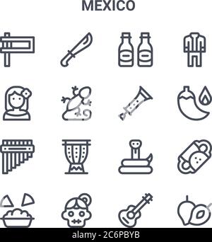 Satz von 16 mexiko Konzept Vektor-Linien-Symbole. 64x64 dünne Striche Symbole wie Machete, Frau, Chili, Schlange, catrina, zapote, Gitarre, Chirimia, Mariachi Stock Vektor