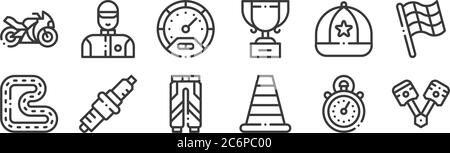 12 Satz von linearen Autoracing-Symbole. Dünne Umrisssymbole wie Kolben, Verkehrskegel, Zündkerze, Kappe, Tachometer, Techniker für Web, mobil Stock Vektor