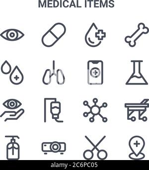 Satz von 16 medizinischen Artikeln Konzept Vektor-Linien-Symbole. 64x64 dünne Striche Symbole wie Droge, Blutstropfen, Kolben, Virus, Projektor, Stift, Schere, Smartphon Stock Vektor