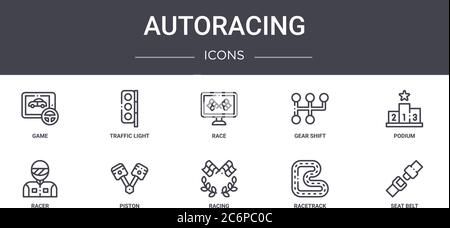 Autoracing Concept Line Icons Set. Enthält Symbole für Web, Logo, ui/ux wie Ampel, Gangschaltung, Racer, Rennen, Rennstrecke, Sicherheitsgurt, Stock Vektor