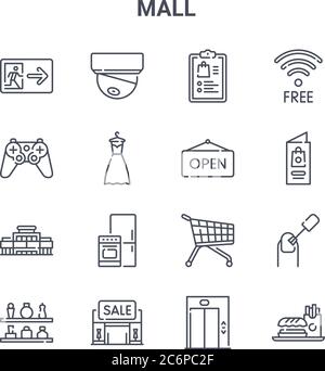 Satz von 16 Symbolen für die Vektorlinien des Konzepts „Mall“. 64x64 dünne Schlaganfall-Symbole wie cctv, Gamepad, Broschüre, Trolley, Verkauf, Fast Food, Aufzug, offen, WiFi Stock Vektor