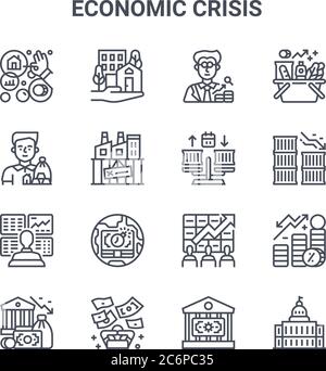 Satz von 16 Konzept der Wirtschaftskrise Vektor-Linie Symbole. 64x64 dünne Strich Symbole wie Immobilien, Investor, Export, Börse, reich, Regierung, BA Stock Vektor