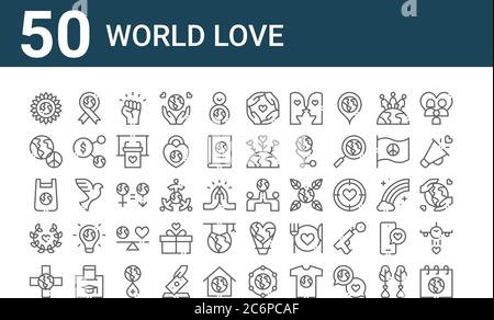 Set von 50 Welt Liebe Symbole. Skizzieren dünne Linie Symbole wie Mutter Erde Tag, medizinische, Lorbeer, Plastiktüte, Frieden, Band, Welt Stock Vektor