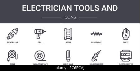 Elektriker Werkzeuge und Konzept Linie Symbole Set. Enthält Symbole für Web, Logo, ui/ux wie Bohrer, Widerstand, Kabel, Glühbirne, Lötkolben, Stock Vektor